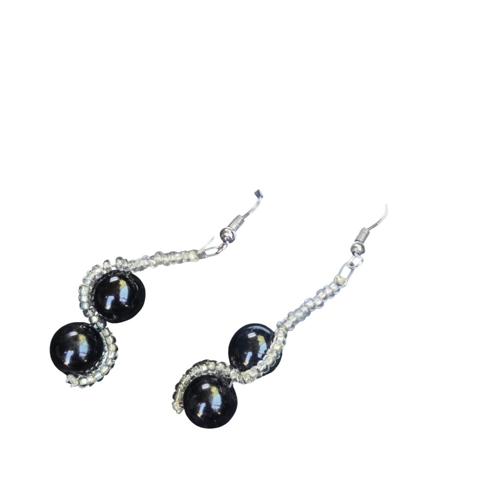 Handcrafted Black Glass Bead Wire Wrapped Wave Dangle Earrings Boho